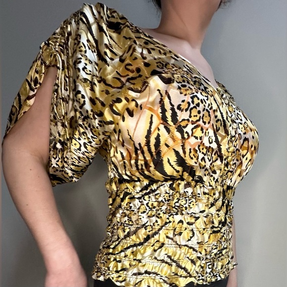 Vintage 1980s Cachè Gold Cheetah Print Silk Dolman Blouse Cinched Waist Women S - Picture 6 of 11